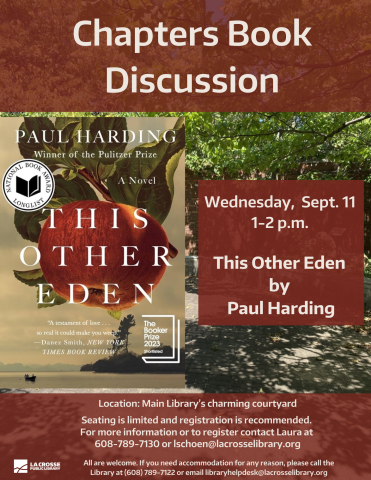 This Other Eden book discussion Wednesday, September 11th 1-2p.m. in the library's courtyard.