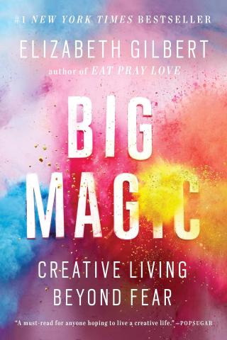 background of colorful poofs adorn book cover of "Big Magic"