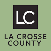 La Crosse County Logo, sage green background, large LC with "La Crosse County" underneath in black lettering