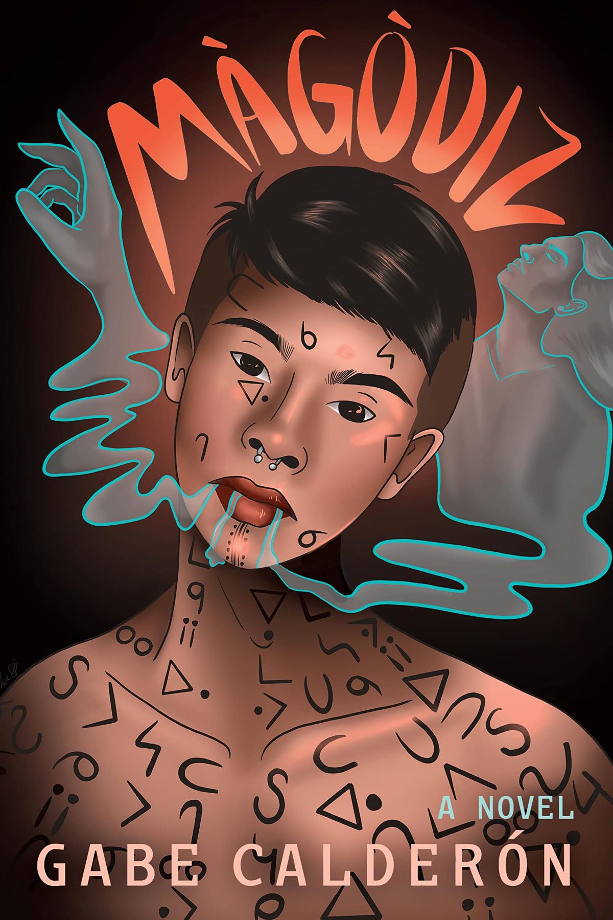 Cover of Màgòdiz. Features a shirtless person with brown skin, brown hair, tattoos and septum piercing against a black background and green/gray smoke.