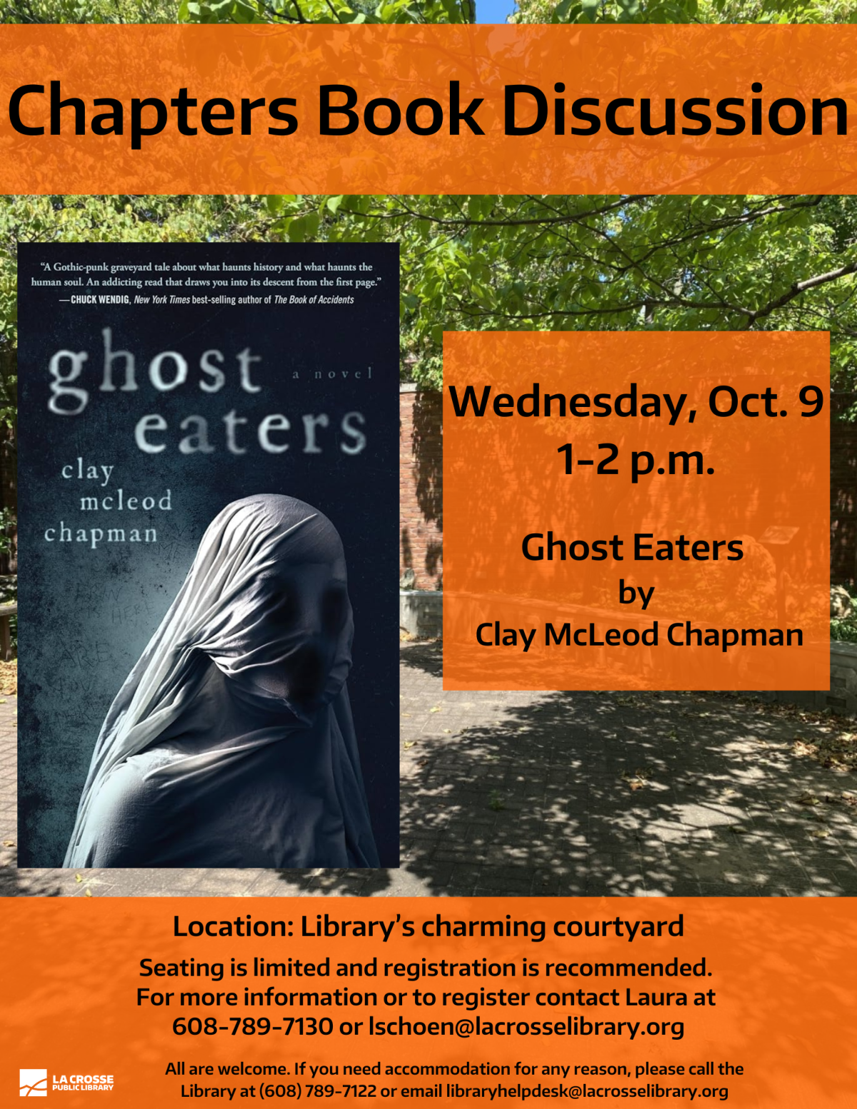 Ghost Eaters book discussion Wednesday, October 9 at 1:00 p.m. in library's courtyard.