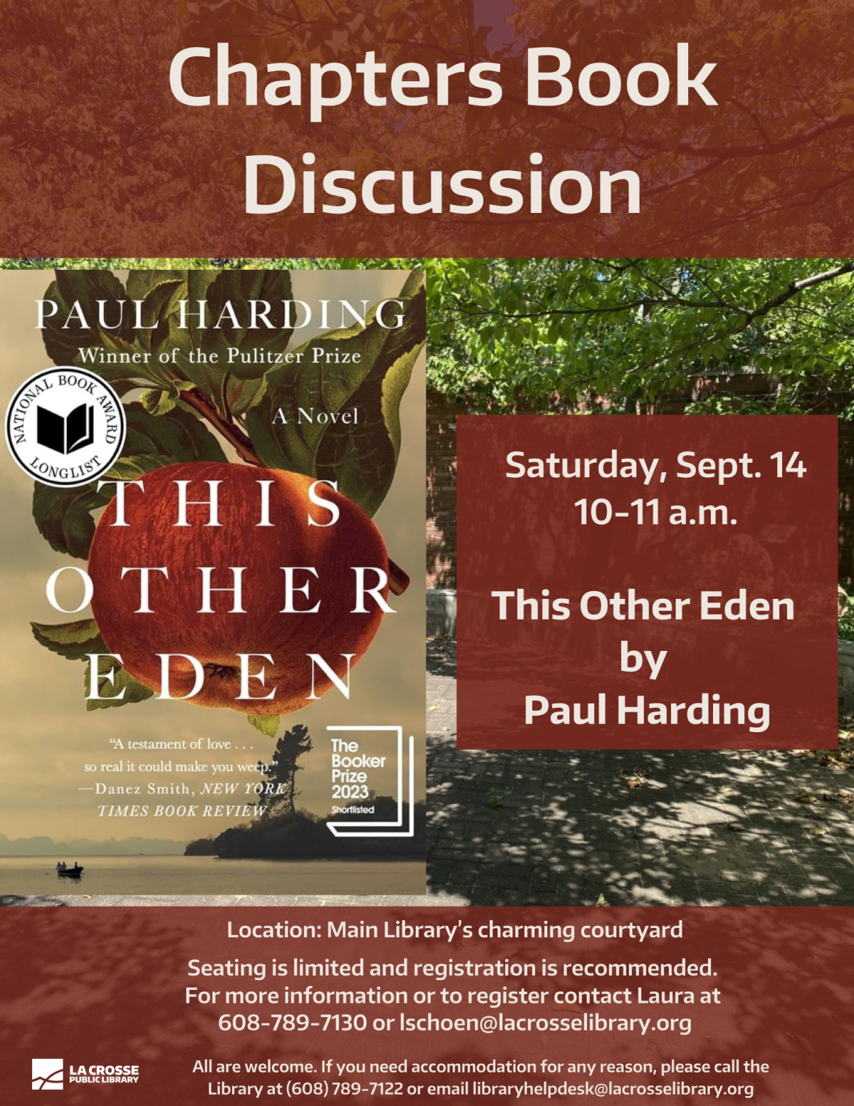 This Other Eden book discussion Saturday, September 14th 10-11a.m. in the library's courtyard.