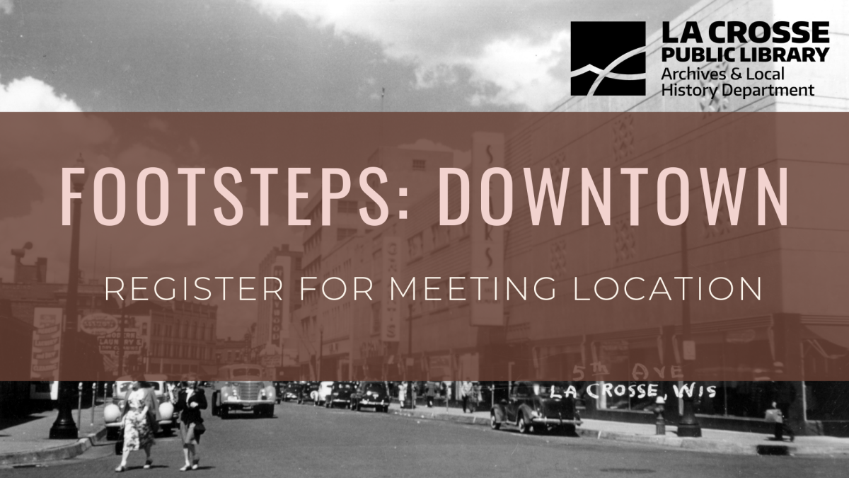 Footsteps graphic of Downtown area reading "Register for meeting location"